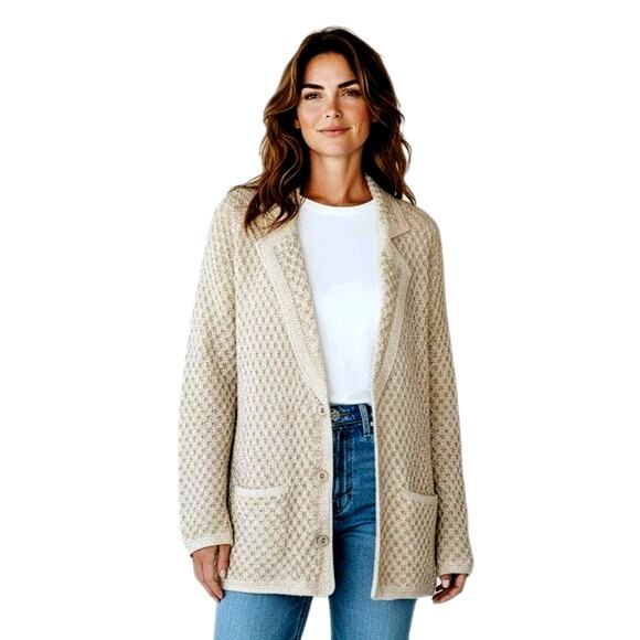 Hand Knit Handmade Sweater Blazer Cardigan Womens Size M Tan Cream Pockets NEW - Picture 2 of 16